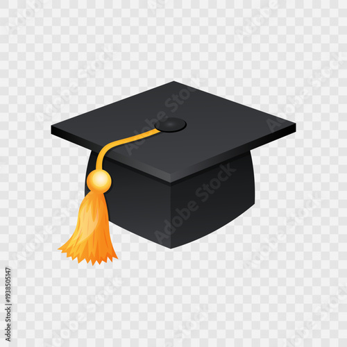 Black graduation cap isolated on transparent background.  Graduation hat  icon with gradient effect. School, college or  university graduation ceremony sign. Educational sticker. Vector illustration