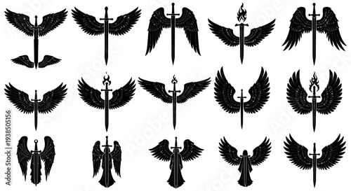 Collection of Black Angel Wings with Swords Silhouettes - Fantasy, Mythology, Warrior Icons