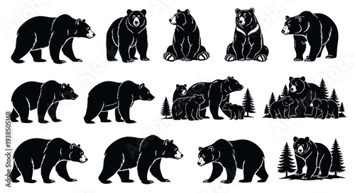 Collection of Black Bear Silhouettes in Various Poses and Activities