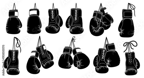 Collection of Black Boxing Gloves Hanging, Vintage Style, Sports Equipment