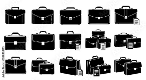 Collection of Black Briefcases and Suitcases, Business and Travel Luggage Icons