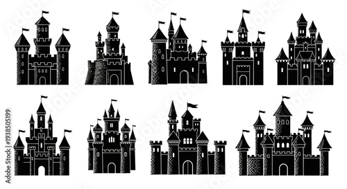 Collection of Black Castle Silhouettes - Fantasy, Fairytale, Medieval Architecture Icons