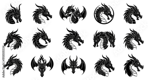 Collection of Black Dragon Head Silhouettes - Mythical Creature Vector Icons