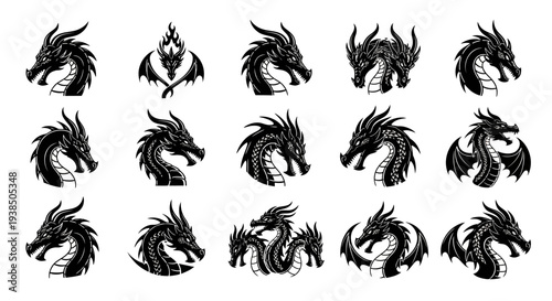 Collection of Black Dragon Head Silhouettes, Mythical Creature Icons
