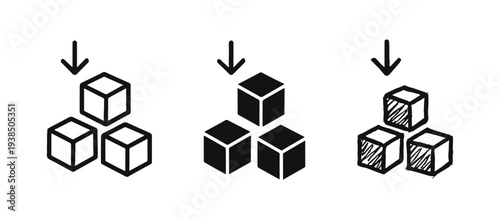Data Download and Stacked Cubes Icons Set. Arrow Pointing to Three Boxes in Outline, Solid, and Hand-Drawn Styles.