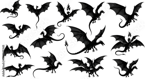 Collection of Black Dragon Silhouettes in Dynamic Poses, Fantasy Creatures, Mythical Beasts