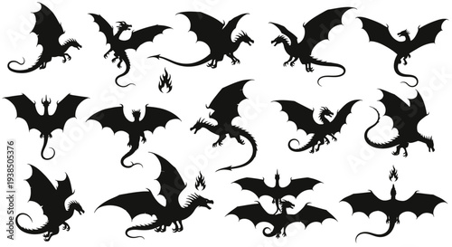 Collection of Black Dragon Silhouettes in Various Poses, Fantasy Creatures, Mythical Beasts
