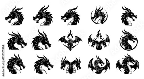 Collection of Black Dragon Silhouettes, Mythical Creature Icons, Fantasy Art