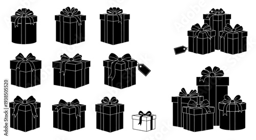 Collection of Black Gift Boxes with Ribbons, Isolated on White Background