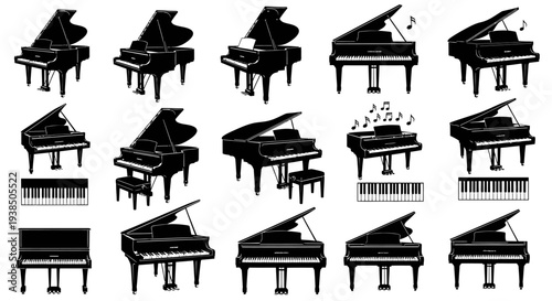 Collection of Black Grand Pianos and Upright Pianos Silhouettes, Musical Instruments