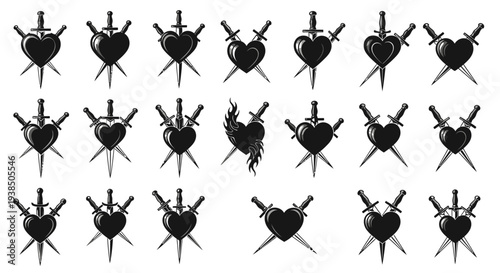 Collection of Black Heart with Swords Icons, Tattoos, and Symbols