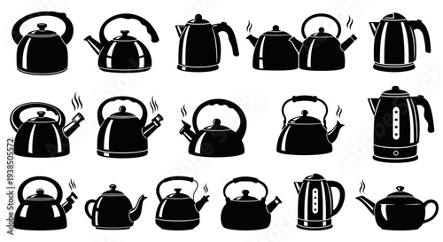 Collection of Black Kettle Silhouettes on White Background