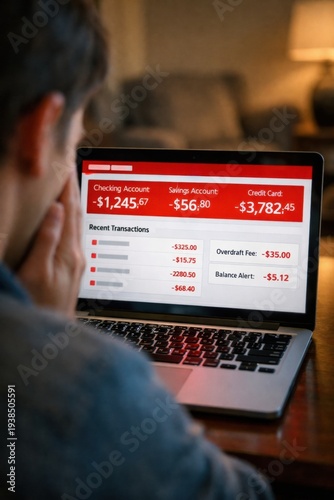 A man looks at a laptop screen showing negative bank account balances and overdraft fees. The image conveys financial stress and debt crisis. Ideal for personal finance or bankruptcy content.