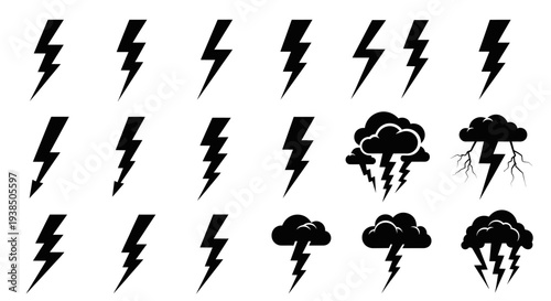 Collection of Black Lightning Bolt and Thunderstorm Icons, Storm Cloud Symbols