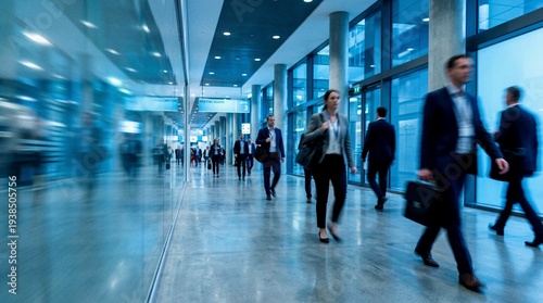 Corporate professionals swiftly navigating a sleek glass corridor with dynamic motion blur and cool blue reflections