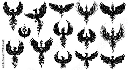 Collection of Black Phoenix Silhouettes, Mythical Bird Graphics