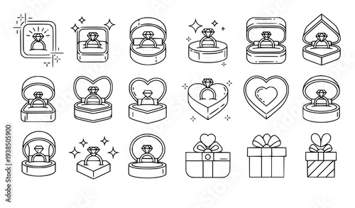 Engagement ring box linear icons vector jewelry proposal outline set