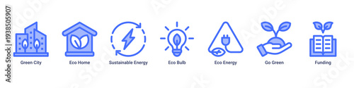 Green City web banner icon vector illustration with Green City, Eco Home,Sustainable Energy,Eco Bulb,Eco Energy,Go Green,and Funding icons showing sustainable urban development.