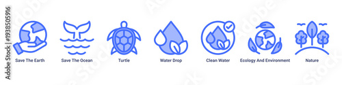Ocean Defense web banner icon vector illustration featuring Save The Earth,Save The Ocean,Turtle,Water Drop,Clean Water,Ecology And Environment,and Nature icons.