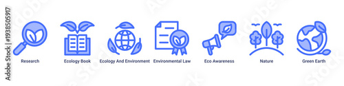 Eco Research web banner icon vector illustration with Research,Ecology Book,Ecology And Environment,Environmental Law,Eco Awareness,Nature,and Green Earth icons.
