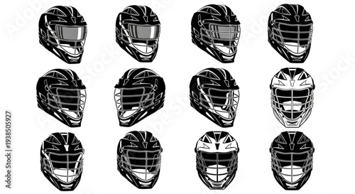 Collection of Lacrosse Helmets in Black and White Illustration.