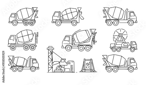 Cement mixer linear icons vector concrete mixer truck outline set