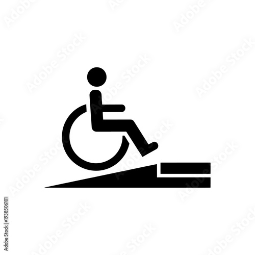 A black icon depicts a person in a wheelchair ascending a ramp accessibility silhouette