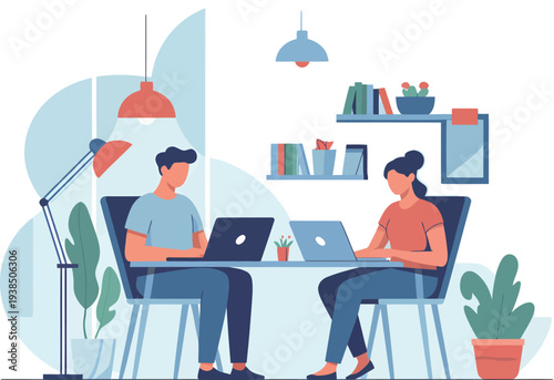 Two people collaborating on laptops in a brightly lit modern office space