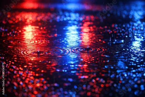 Raindrops falling into a puddle with red and blue neon reflections. The urban atmosphere is moody and cinematic with a cyberpunk feel. Ideal for atmospheric backgrounds or music covers.