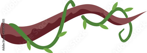 Brown tree branch with green liana vine and leaves in a flat cartoon style