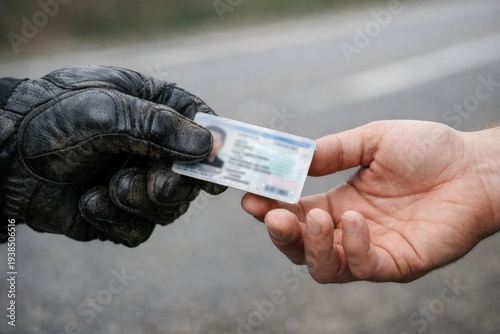 A hand in a black leather glove hands a driver license to another person. This depicts a roadside document check or identification process. Ideal for law enforcement or travel safety content.