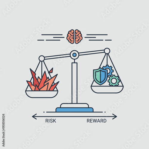 Risk versus reward balance scale with brain and icons.
