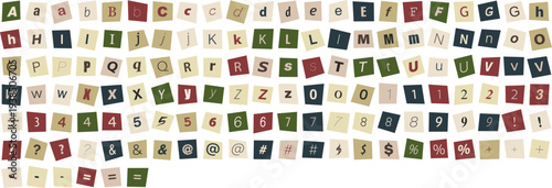 Ransom note alphabet letters and numbers cutout paper pieces isolated on transparent background for creative crime or mystery themed graphic designs