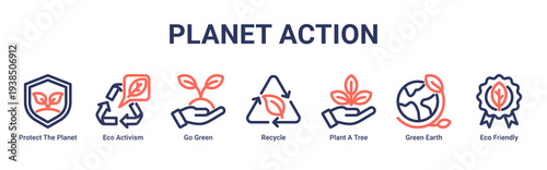 Planet Action web banner icon vector illustration featuring Protect The Planet,Eco Activism,Go Green,Recycle,Plant A Tree,Green Earth,and Eco Friendly icons promoting global action.