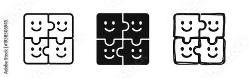 Teamwork Puzzle Pieces with Smiley Faces Icon Set