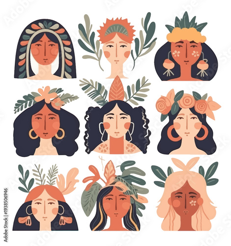 Minimal flat vector set of women faces with botanical leaves. Soft colors, modern feminine illustration for wellness, beauty, lifestyle and social media design