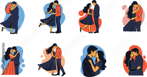 Romantic Couple Illustrations Set Featuring Intimate Moments and Embraces in Flat Vector Style
