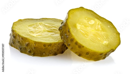 Two translucent pickle slices, featuring seeds, skin bumps, and juicy appearance, are displayed against a white background