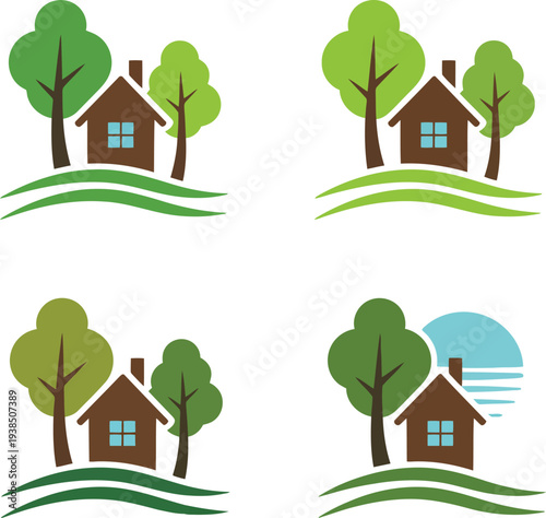 Quaint house with trees on green hillside at sunset