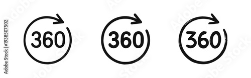 360 Degree View Rotation Icons, Panoramic Virtual Reality and Reload Symbol Set.