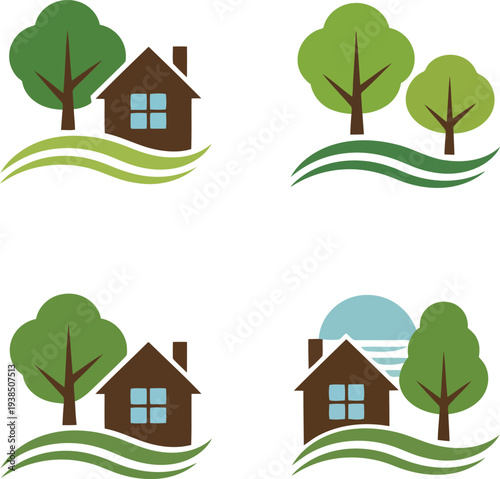 Eco friendly homes with trees and green landscape