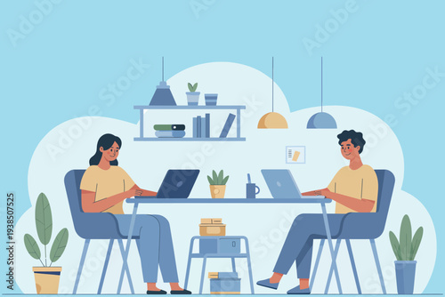 Two people working on laptops in a modern plant filled office space