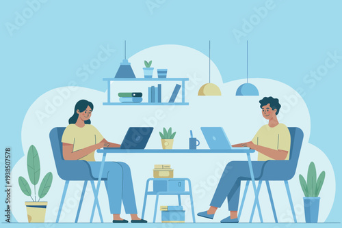 Two people working remotely on laptops in a bright modern home office
