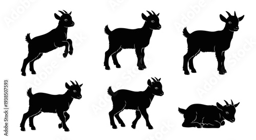 Goat Silhouettes Collection: Various Poses of Farm Animals in Black and White