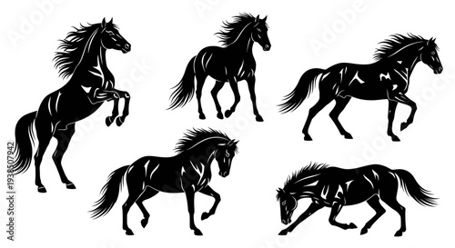 Dynamic Black Horse Silhouettes Collection: Rearing, Galloping, and Grazing Poses