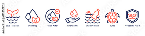 Water Care web banner icon vector illustration with Save The Ocean,Water Drop,Clean Water,Water Control,Water Pollution,Turtle,and Protect The Planet icons for water conservation awareness.