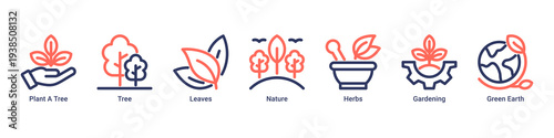 Forest Growth web banner icon vector illustration featuring Plant A Tree,Tree,Leaves,Nature,Herbs,Gardening,and Green Earth icons symbolizing ecosystem restoration.