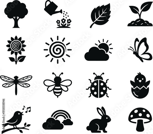 Nature and spring garden icon set featuring tree leaf flower butterfly bee bird rainbow rabbit mushroom wildlife symbols collection