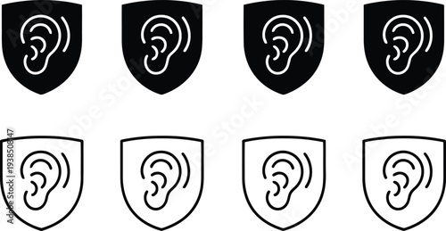 Shield icons with ear symbols for security and protection concepts
