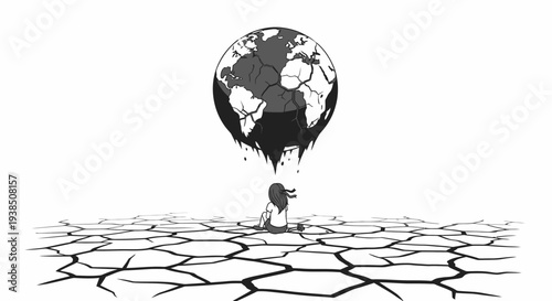 A child sitting on dry cracked earth with a melting globe above.